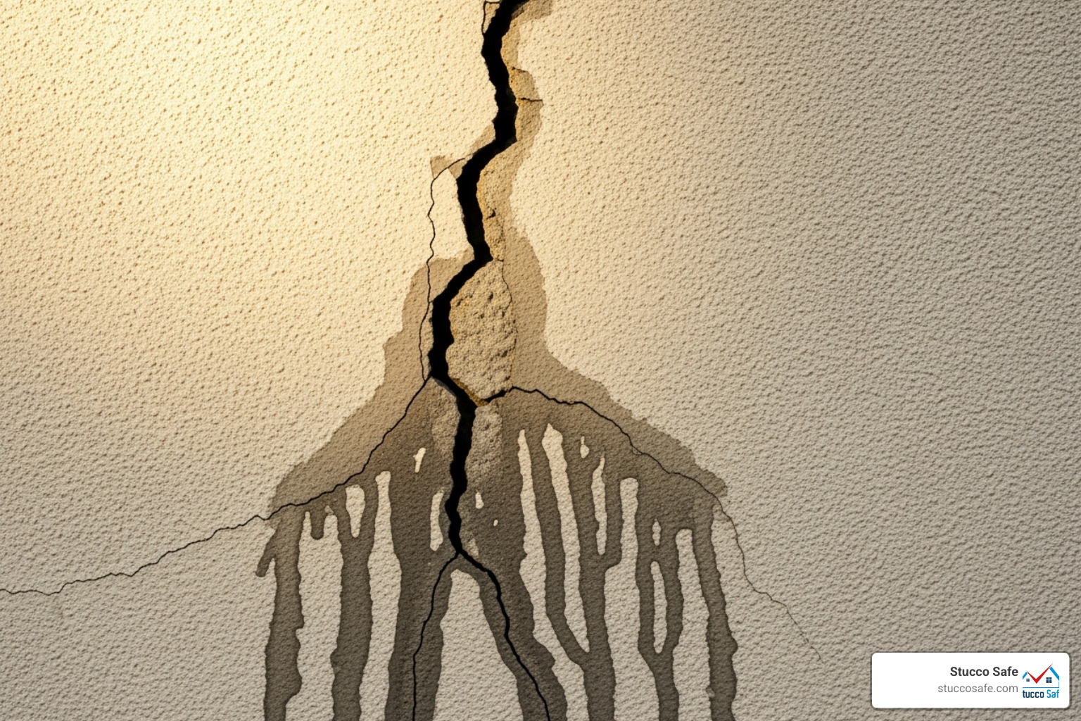 significant crack in a stucco wall with water staining - visual inspection services near me