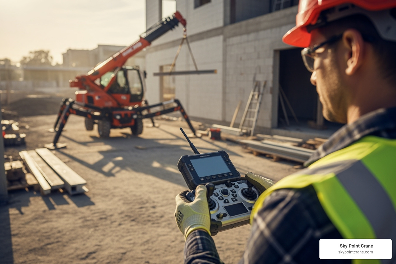 operator using a wireless remote control for a mini spider crane - mini spider crane