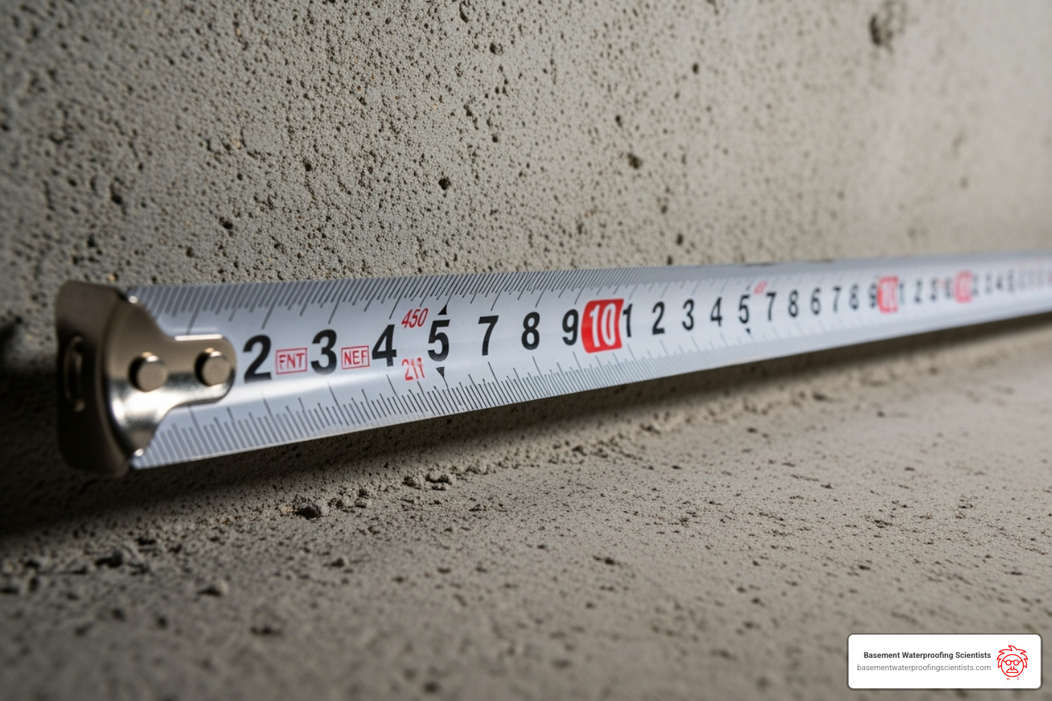 A close-up image of a measuring tape against a basement wall, illustrating how to measure linear footage for waterproofing projects. - waterproofing cost per sq ft