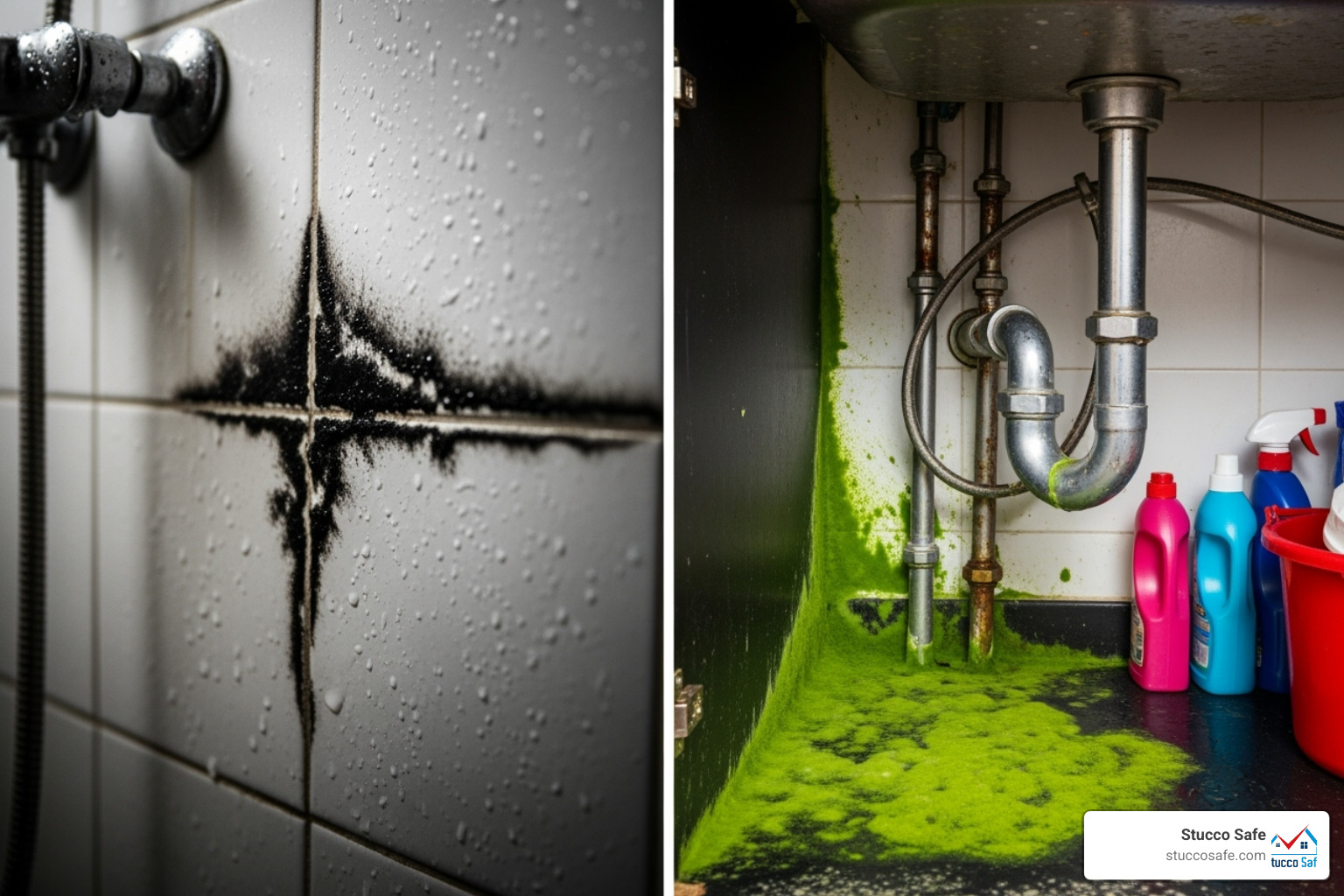 Mold growing in a bathroom corner and under a kitchen sink - check for mold in air