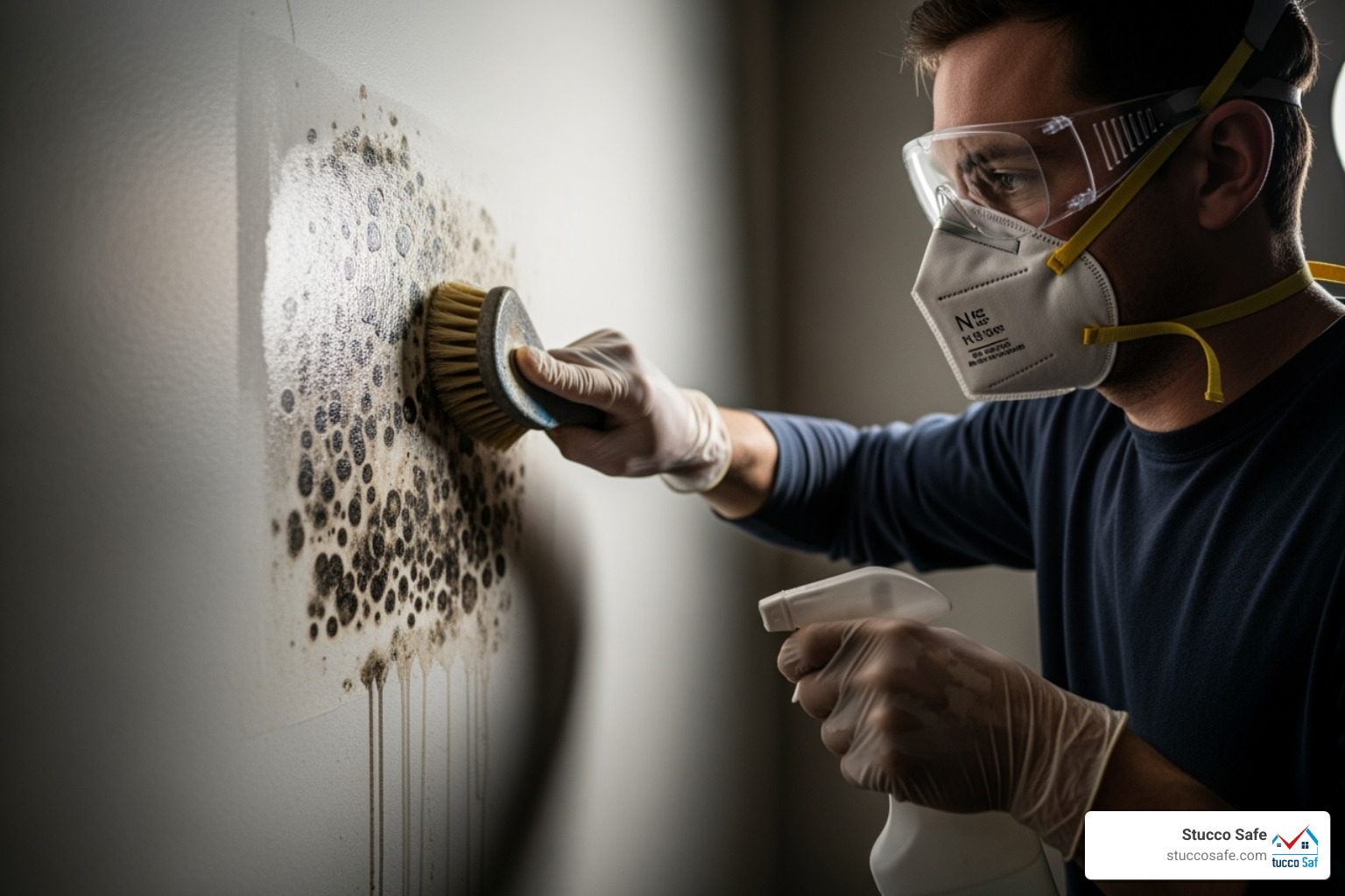 Person wearing proper PPE (mask, gloves, goggles) cleaning a small area of mold - check for mold in air