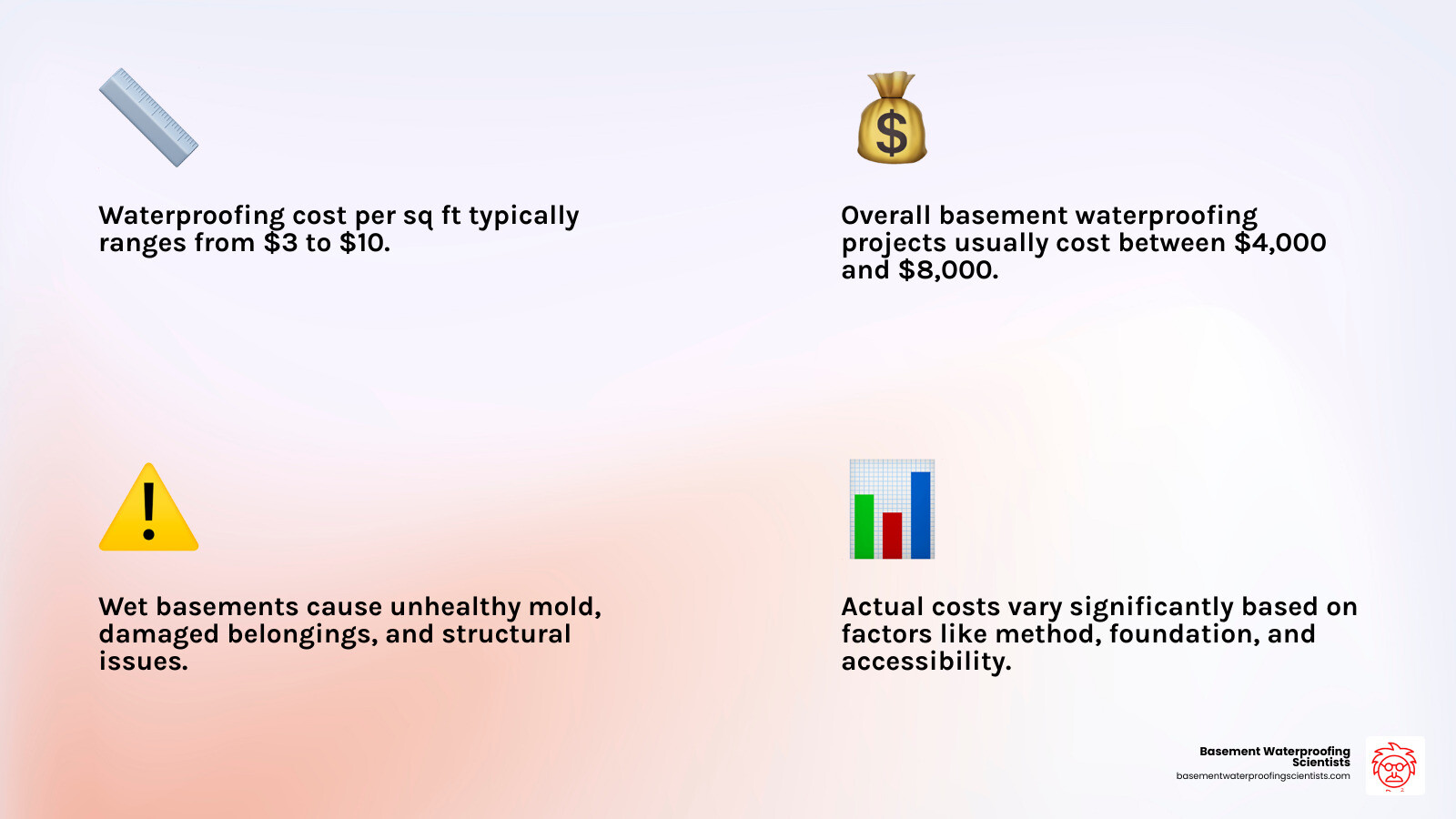 Detailed infographic on average basement waterproofing costs per square foot, showing overall costs typically between $4,000 and $8,000 - waterproofing cost per sq ft infographic 4_facts_emoji_light-gradient