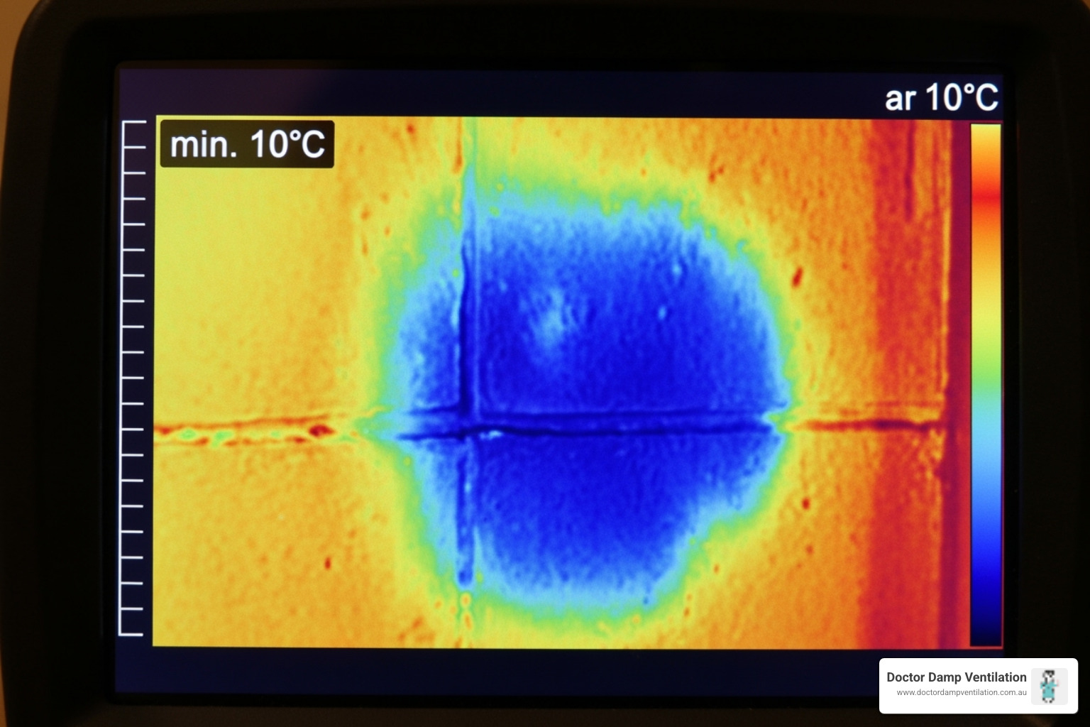 thermal imaging camera showing a cold spot on a wall - house damp survey