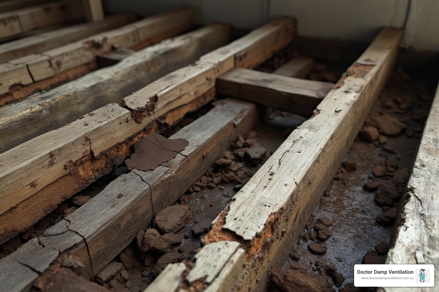 rotting timber floor joists under a house - house damp survey