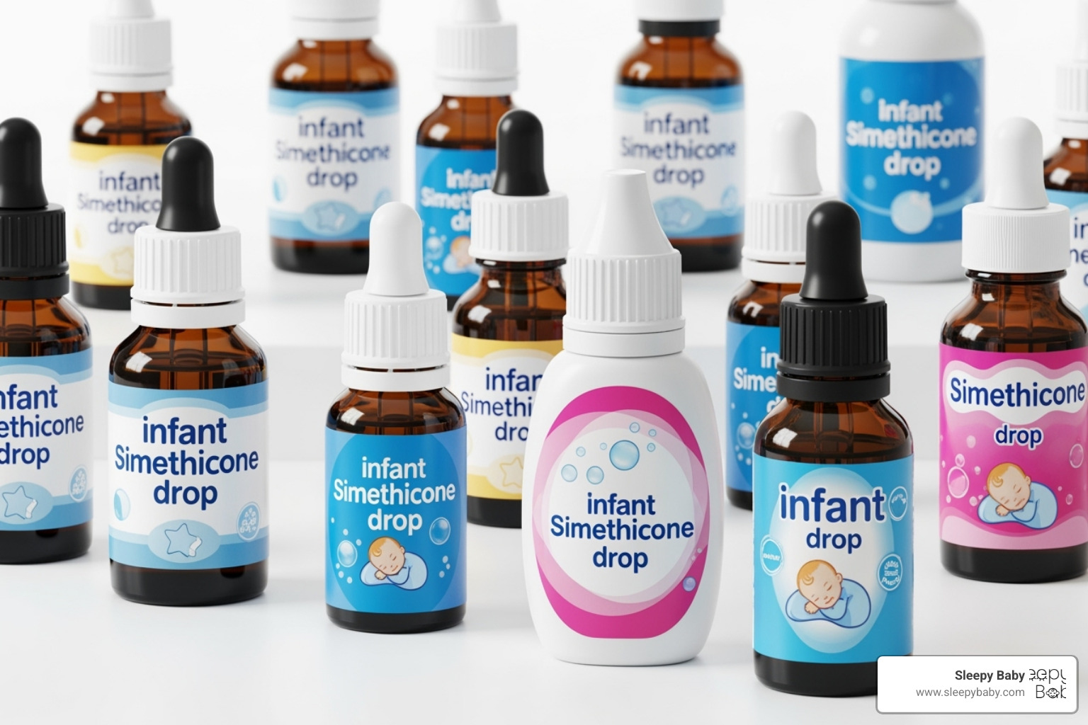 Collage of popular simethicone drop brands like Mylicon, Little Remedies, and Mommy's Bliss - simethicone drops reviews