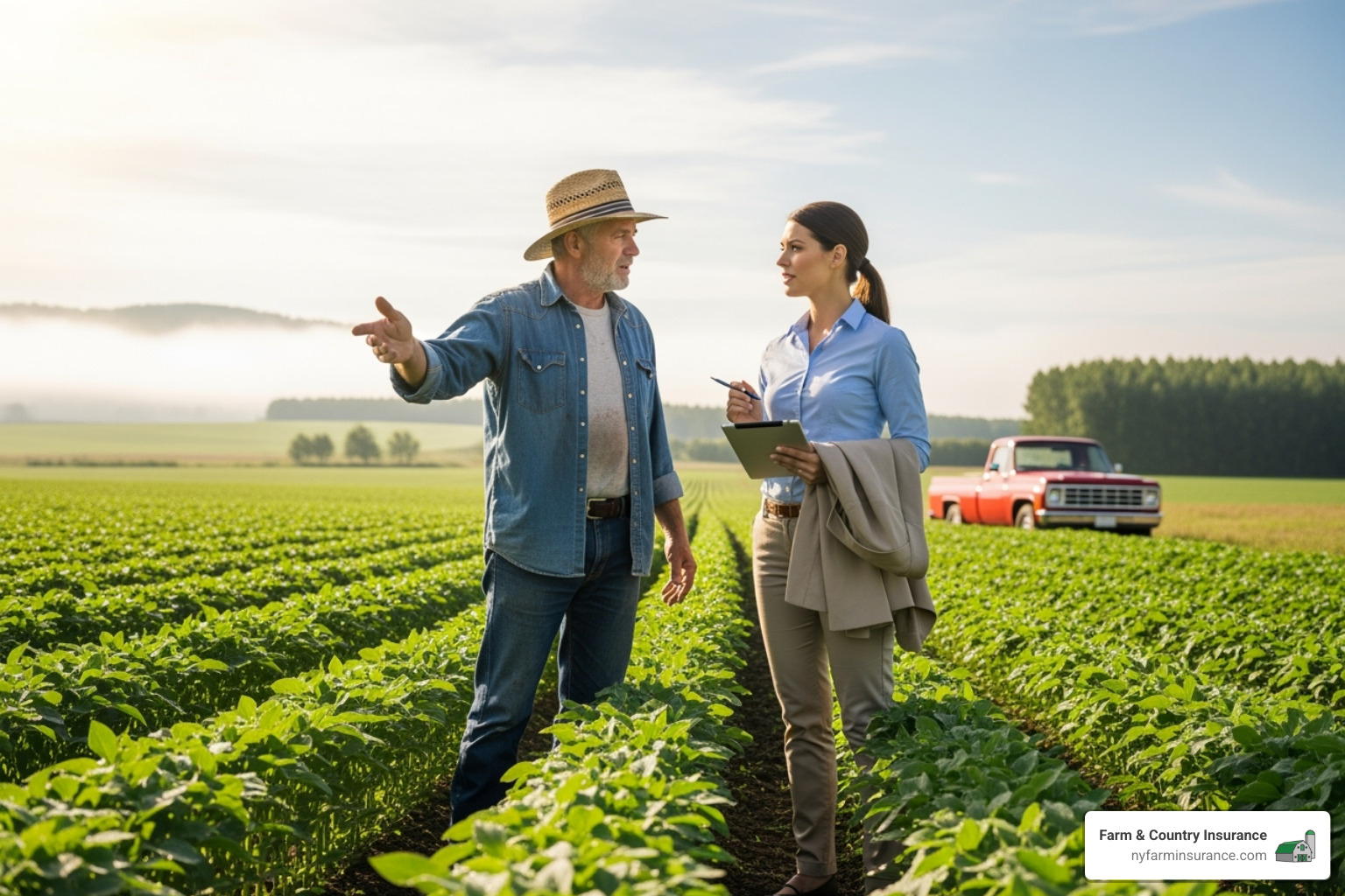 A farmer talking with an insurance agent in a vibrant green field - crop and livestock insurance