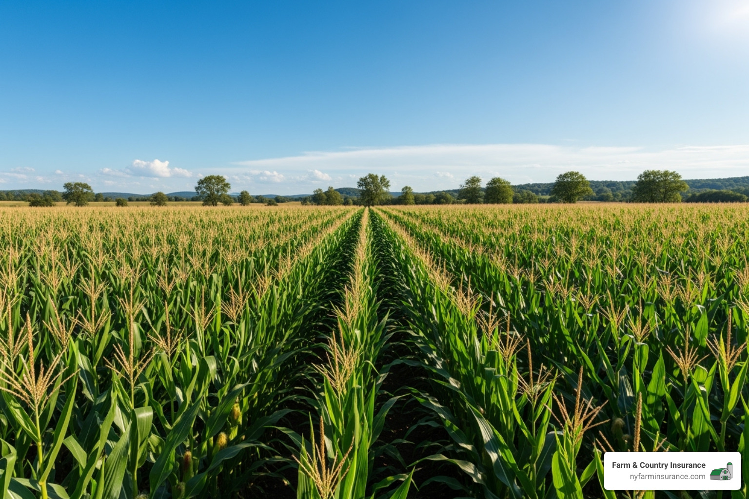 A healthy cornfield in New York State, stretching towards a clear sky - crop and livestock insurance