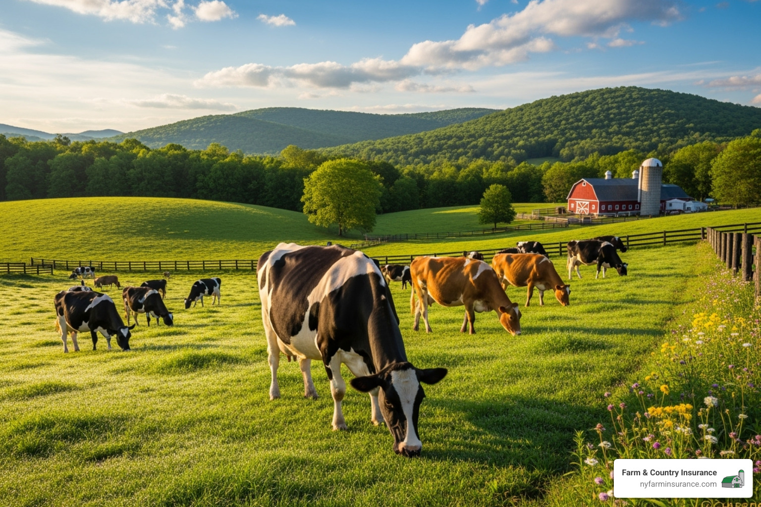 Healthy dairy cows grazing in a lush New York pasture - crop and livestock insurance