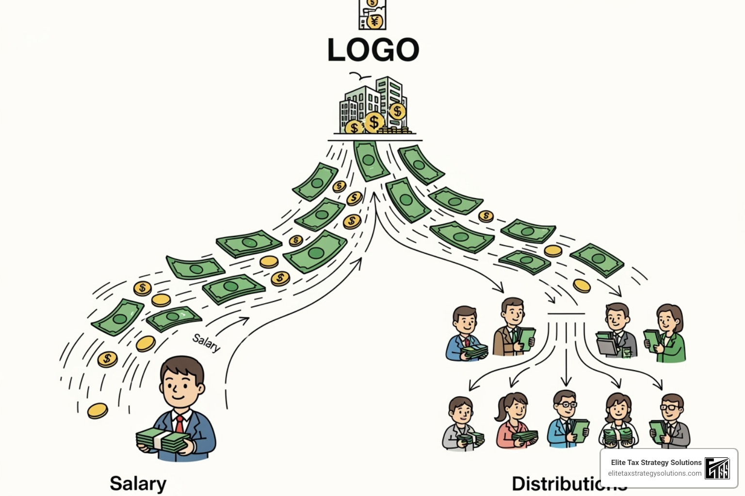 flowchart showing money flowing from S-corp revenue to salary and distributions - tax planning for S corps