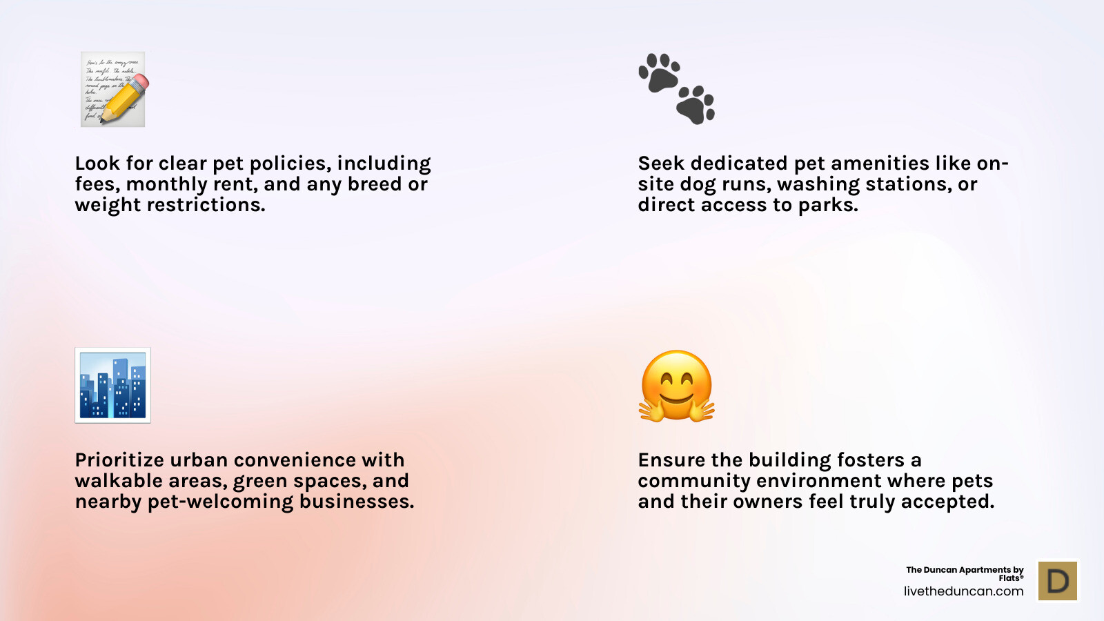 Infographic detailing essential characteristics of pet-friendly downtown apartments, including pet policies, amenities, and location benefits for urban pet owners - pet friendly downtown apartments infographic 4_facts_emoji_light-gradient