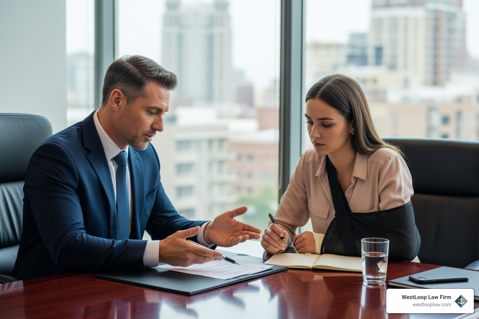Lawyer consulting with injured client - Motorcycle injury attorney near me