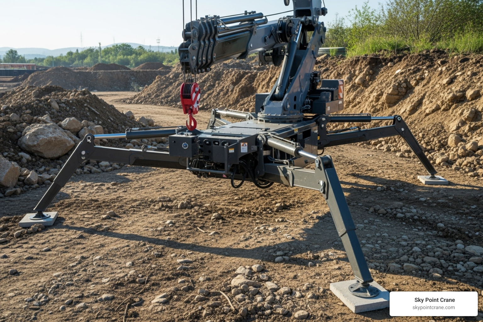 mini spider crane's outriggers fully extended on uneven ground - mini spider crane