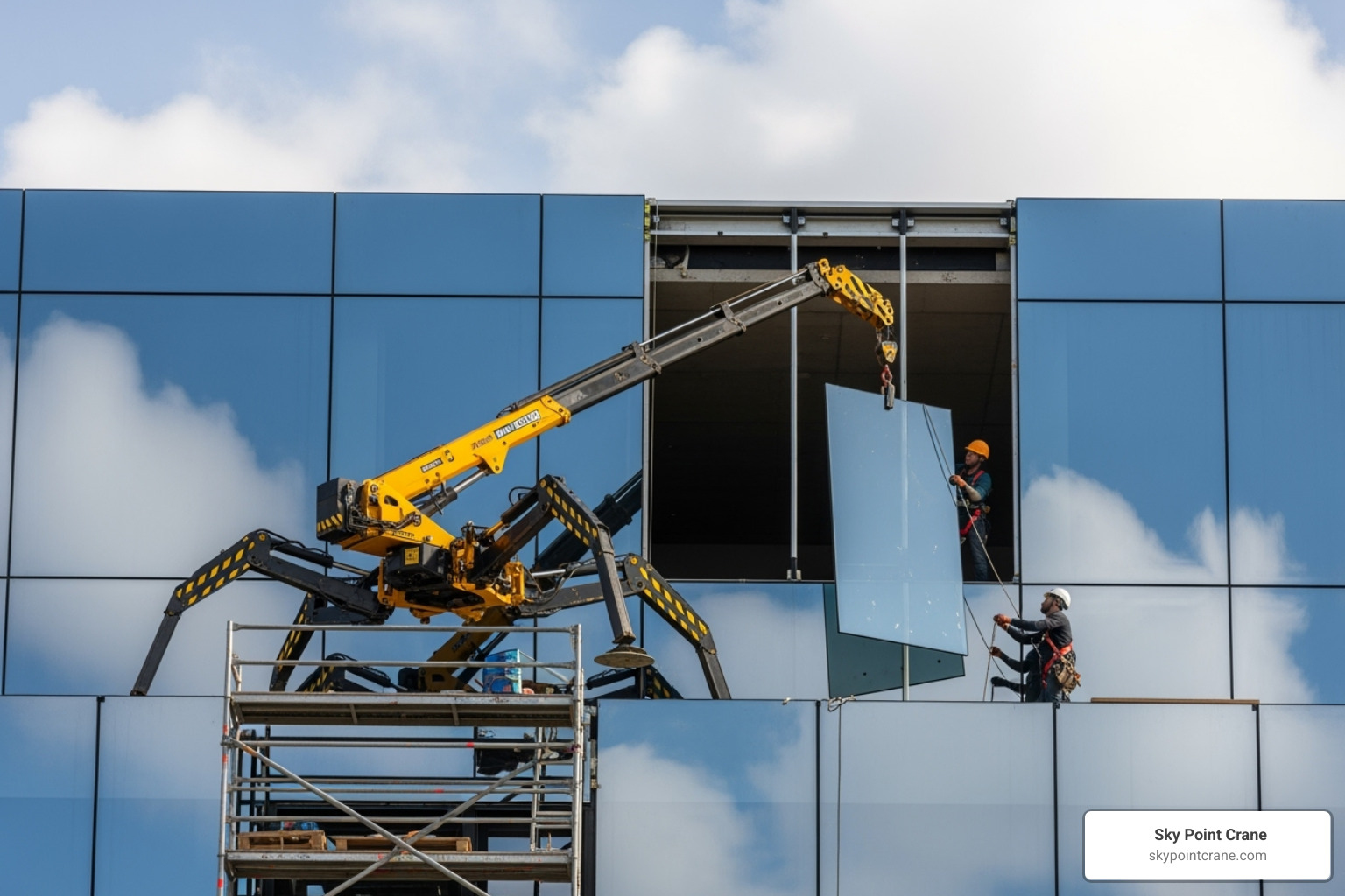 mini spider crane installing glass panels on a building facade - mini spider crane