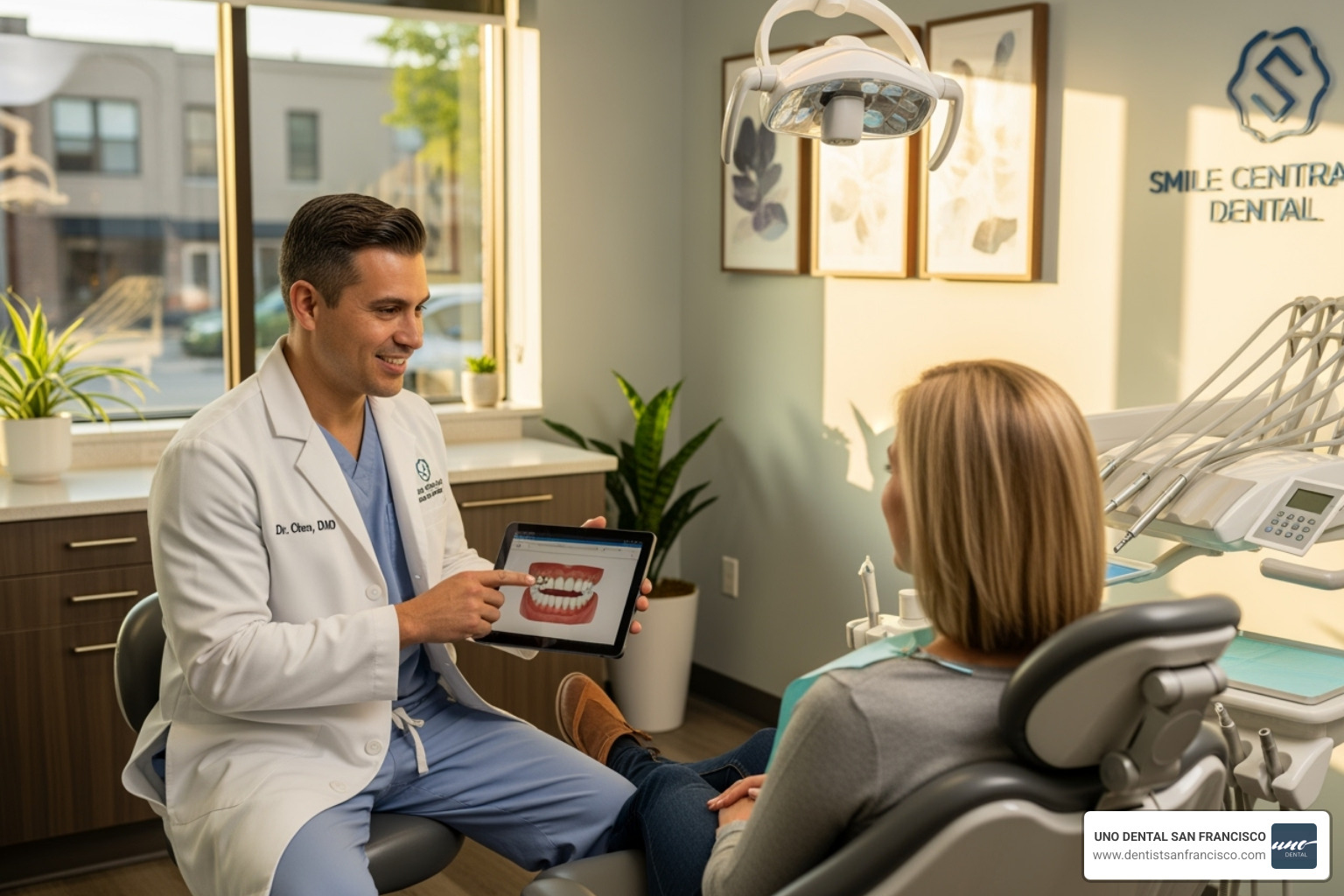 Friendly dentist consulting with a patient in a modern dental office - restorative dentists near me