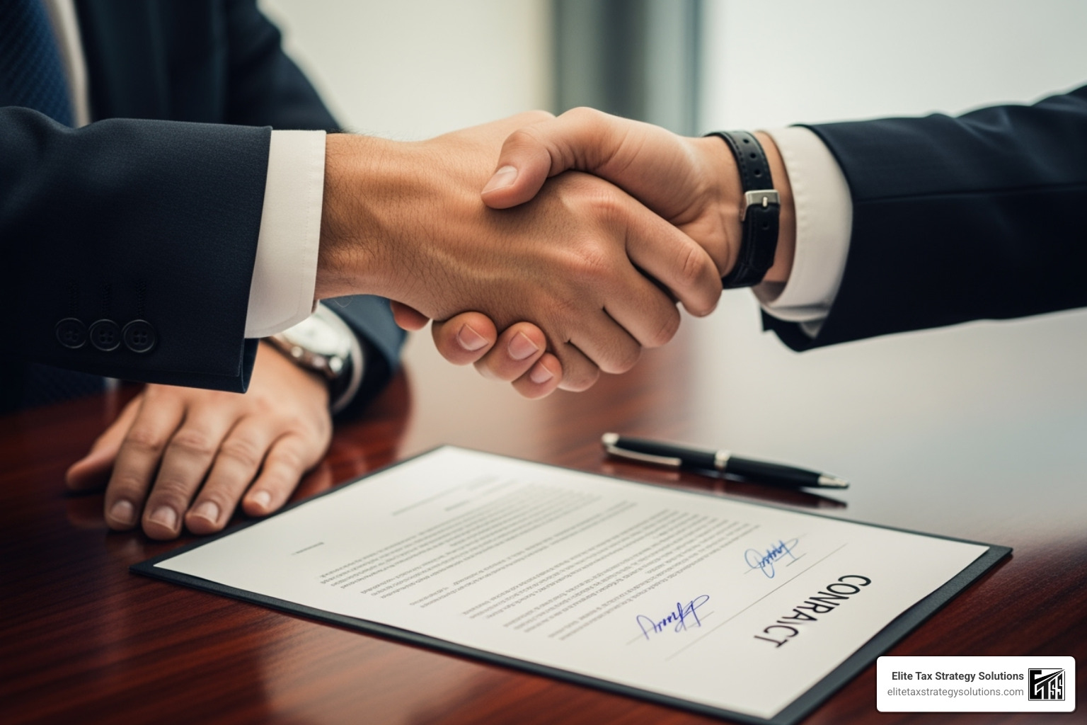 business professionals shaking hands over a contract, representing an M&A deal - tax planning for S corps