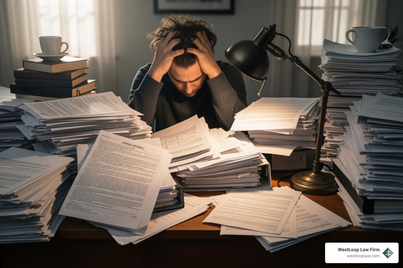 A person looking overwhelmed by insurance paperwork - Car accident legal advice