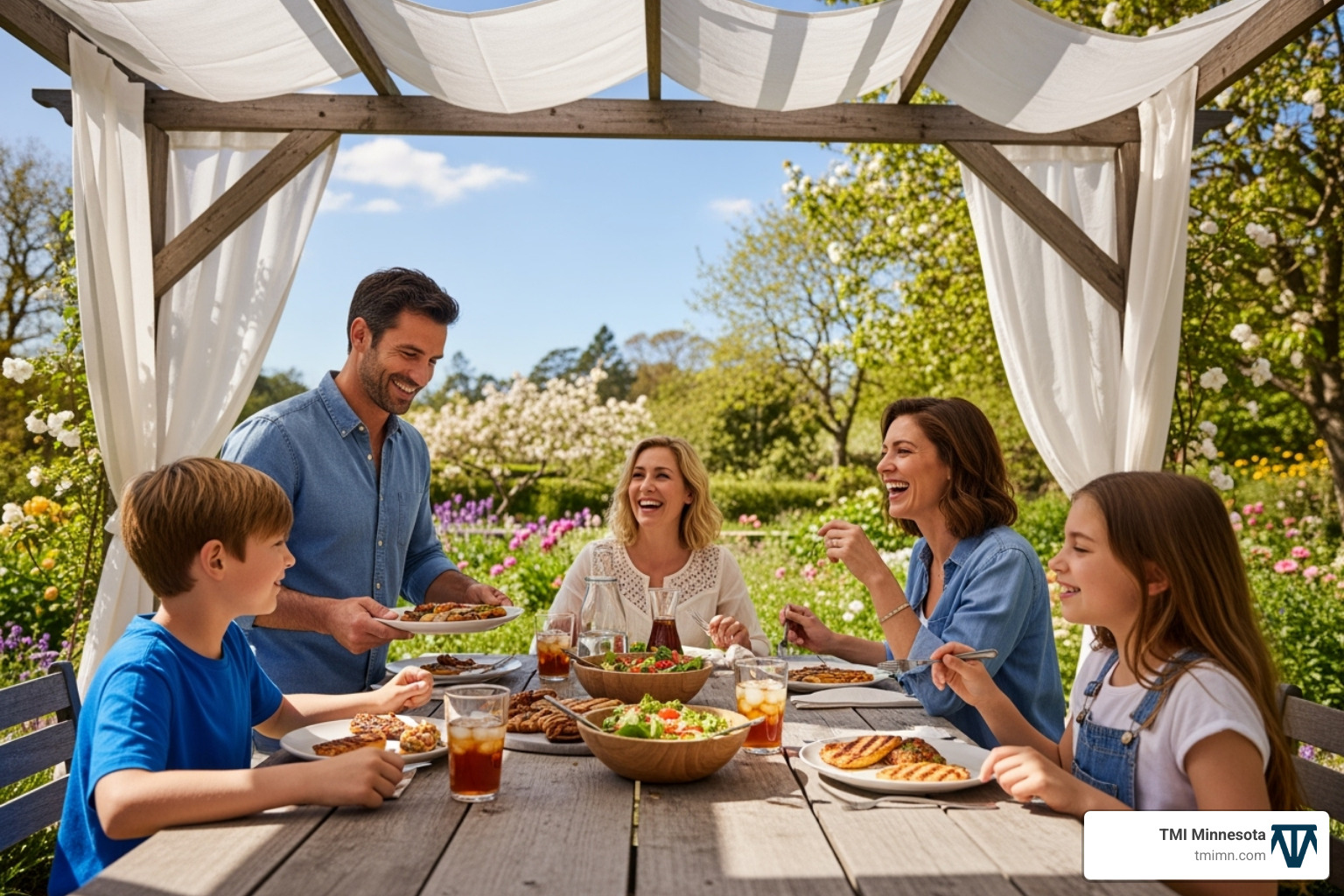 family enjoying meal under covered pergola - pergola roofs