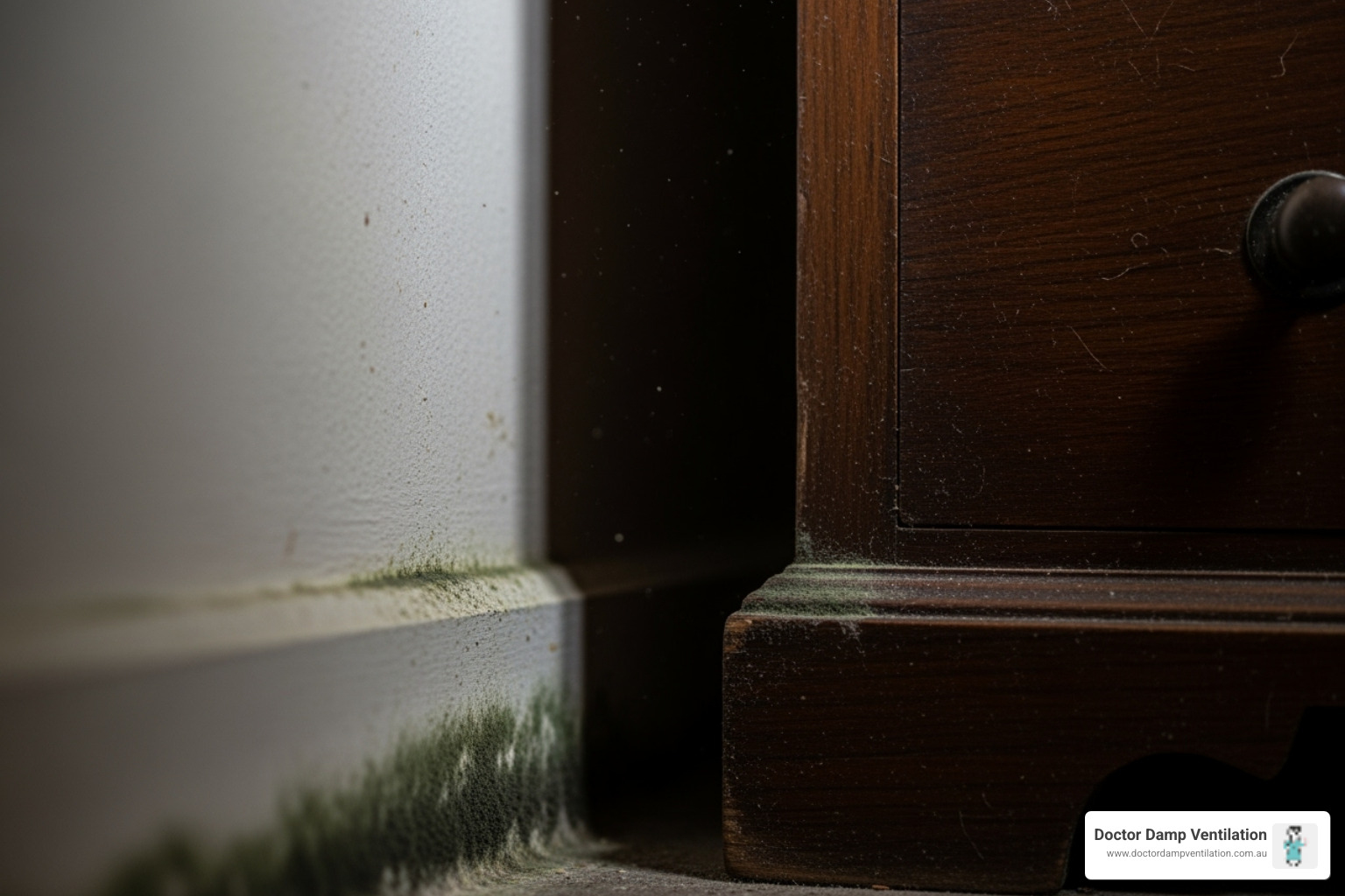 subtle mould growth on a wall corner behind a piece of furniture. - air quality services