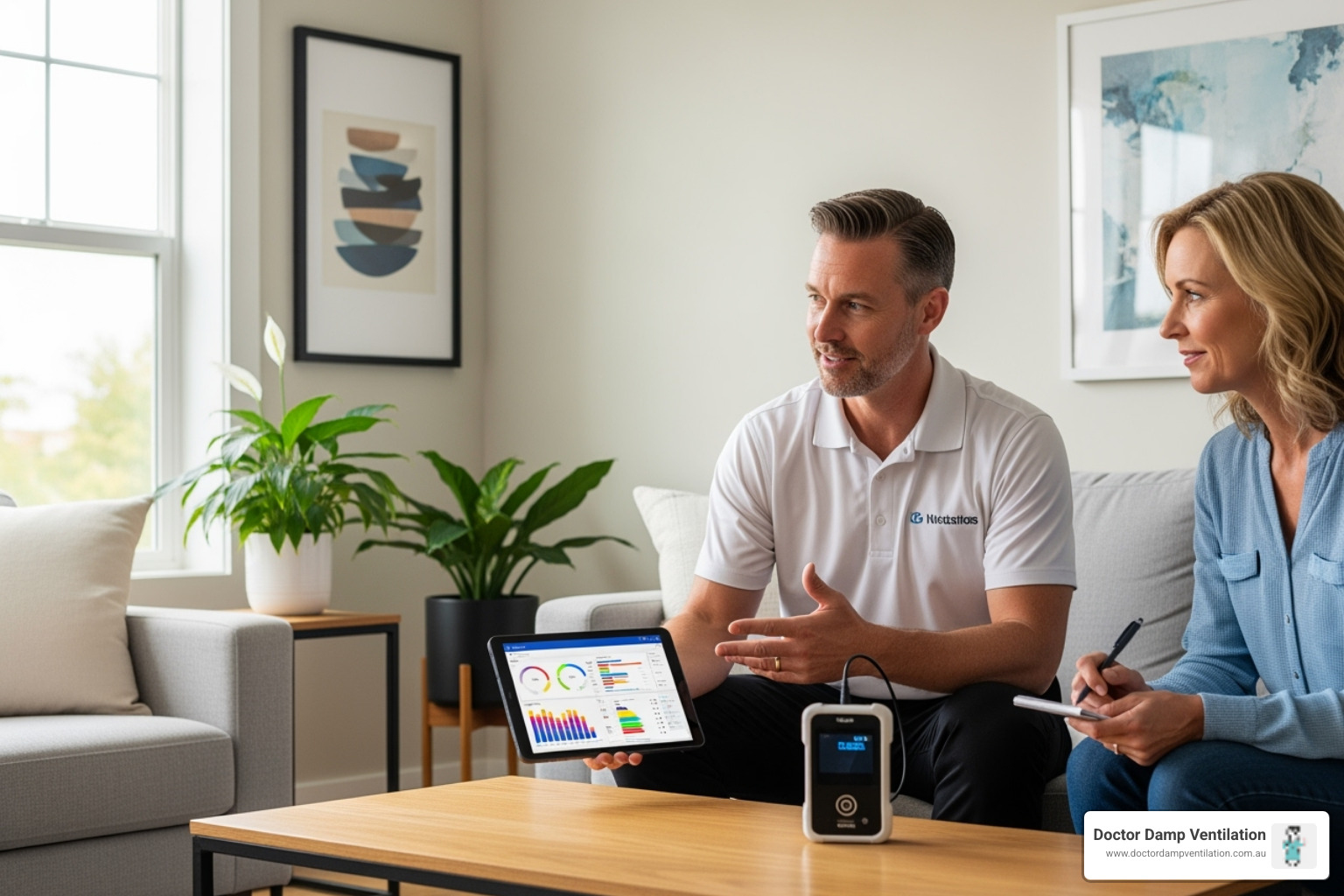 Expert technician discussing air quality assessment with a homeowner in a clean, well-lit room. - air quality services