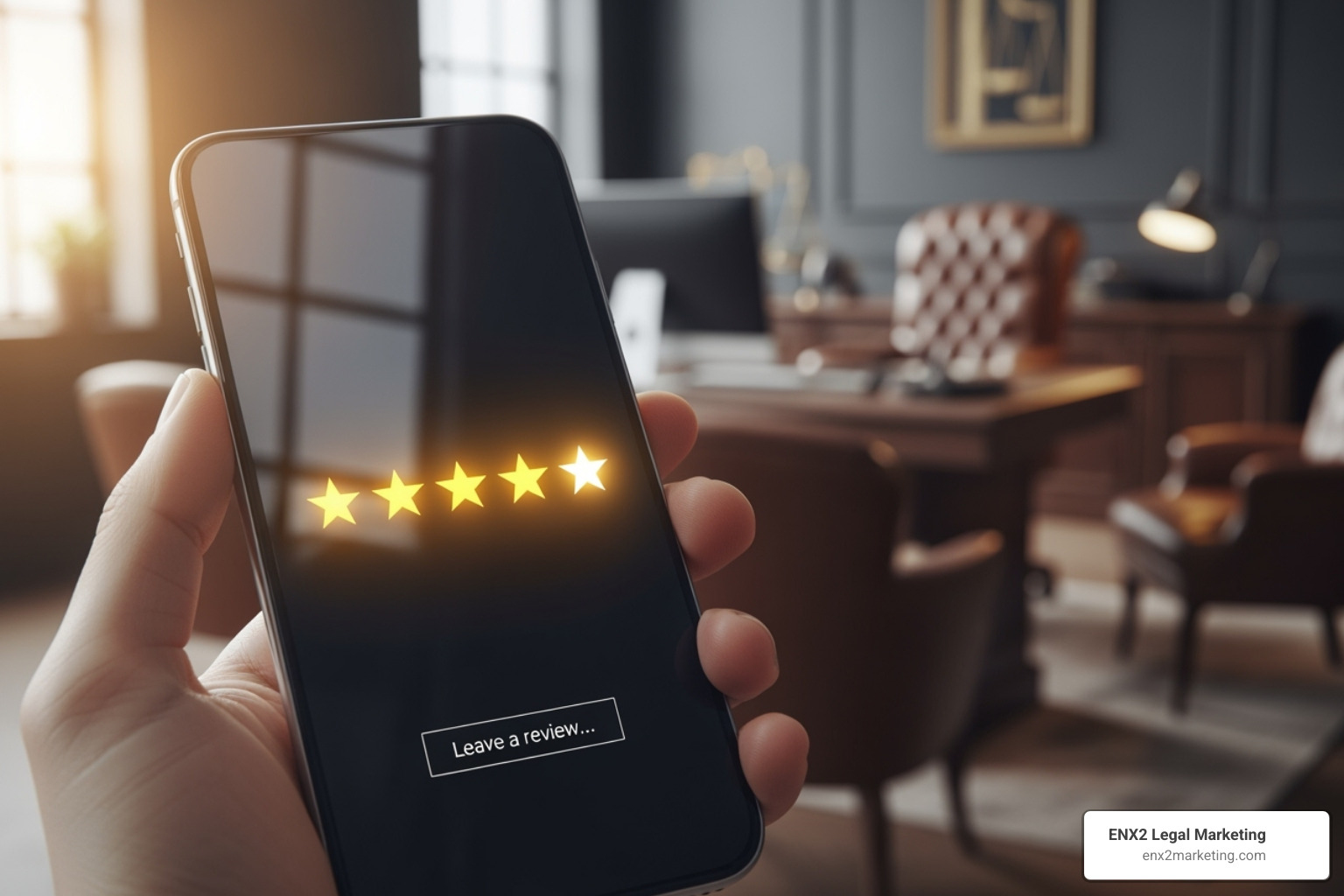 Image showing a 5-star review for a law firm on a mobile device - local seo service for law firms