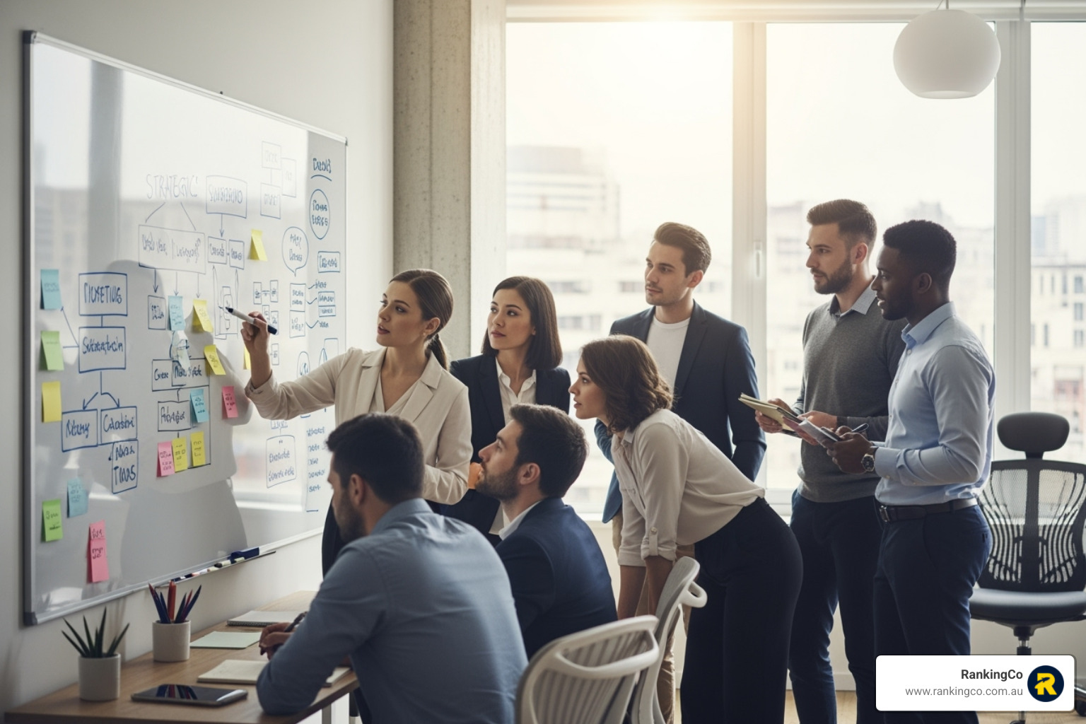 A team collaborating around a whiteboard covered in strategic notes - brisbane marketing agency