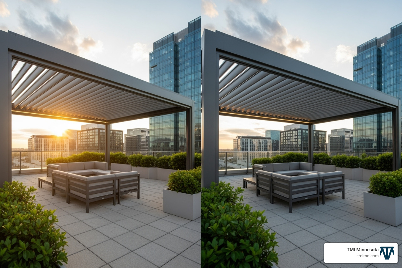 a louvered rooftop pergola in both open and closed positions - rooftop pergolas