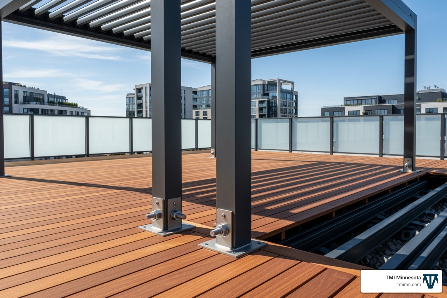 a pergola being anchored to a rooftop deck - rooftop pergolas