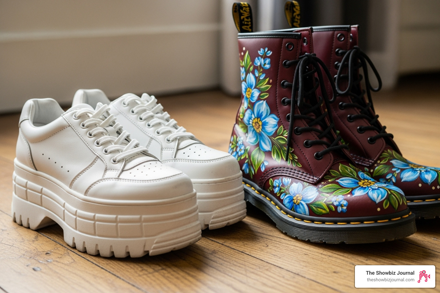 Image of chunky platform sneakers and painted Doc Martens - 90 rave clothes