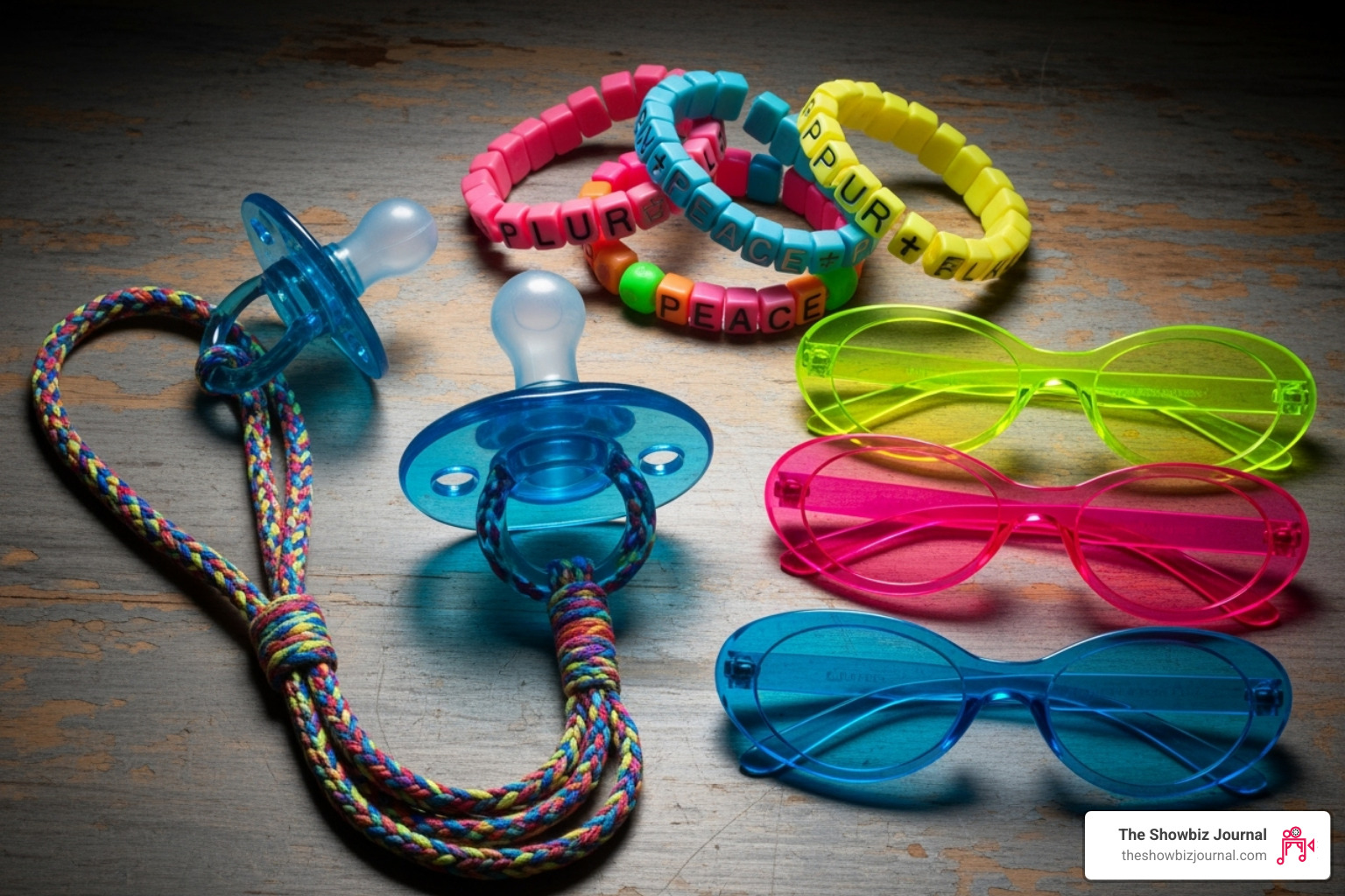 Image of a collection of 90s rave accessories like Kandi bracelets, a pacifier necklace, and tinted sunglasses - 90 rave clothes
