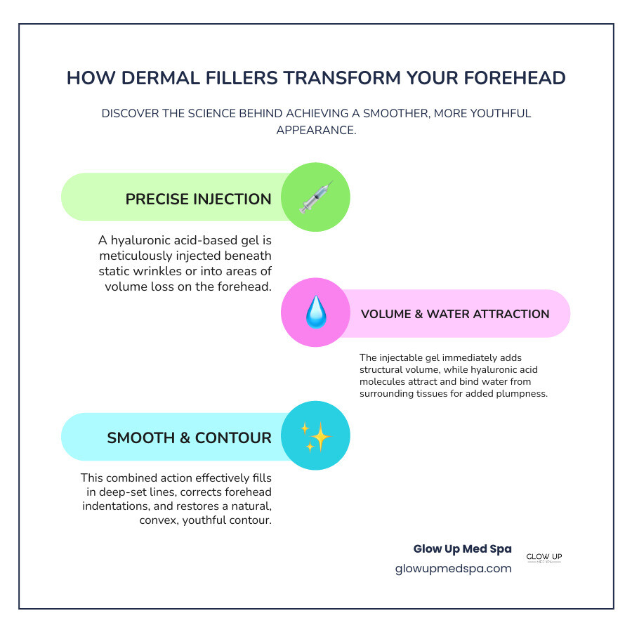 Infographic showing how hyaluronic acid dermal fillers work in the forehead by adding volume under the skin, attracting water molecules, and smoothing static wrinkles while restoring youthful contour - dermal fillers forehead infographic infographic-line-3-steps-colors