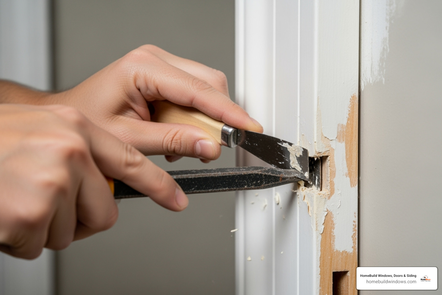 person carefully prying off interior trim around a front door - replace front door and sidelights