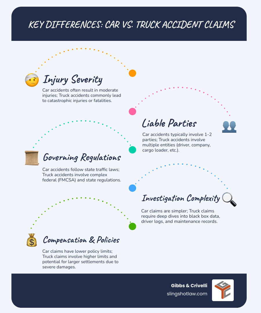 Infographic showing the key differences between car accident claims and truck accident claims, including injury severity comparison, number of liable parties, federal regulations involved, insurance policy limits, investigation complexity, and average settlement amounts - truck accidents attorneys infographic infographic-line-5-steps-blues-accent_colors