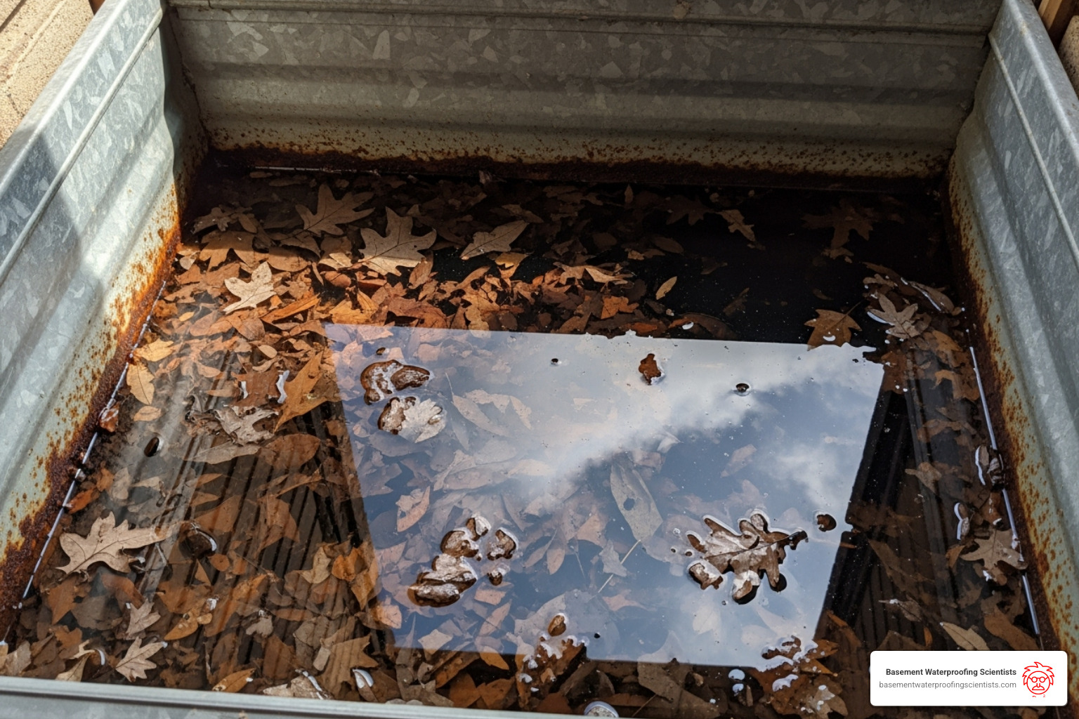 A clogged window well is filled with leaves and dirty standing water, indicating poor drainage and a potential source of basement window leaks. - Basement window leak repair