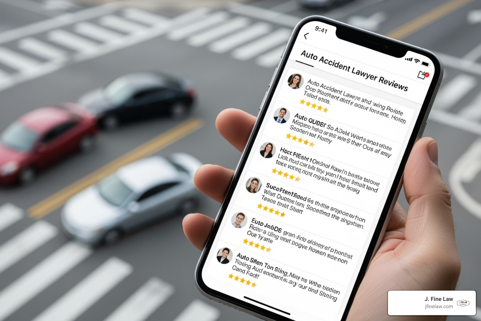 a magnifying glass over a 5-star review on a screen - auto accident lawyer reviews