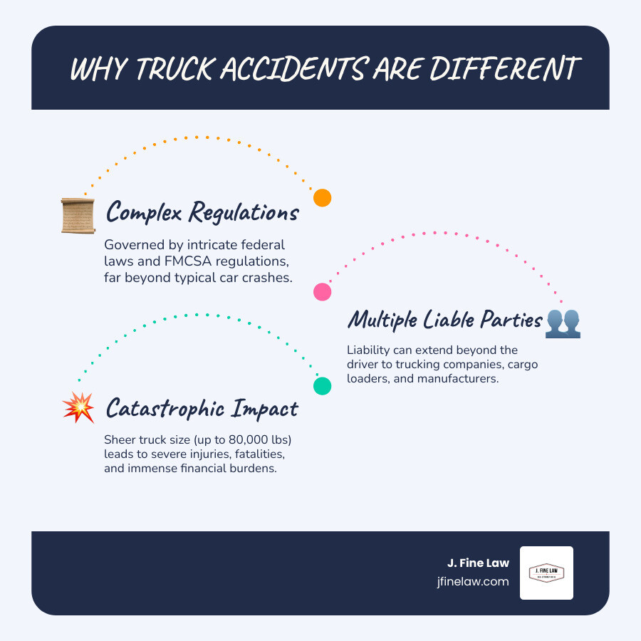 Infographic detailing the key differences between truck accident claims and standard car accident claims, and why specialized legal assistance is crucial for victims - truck crash lawyer near me infographic infographic-line-3-steps-blues-accent_colors