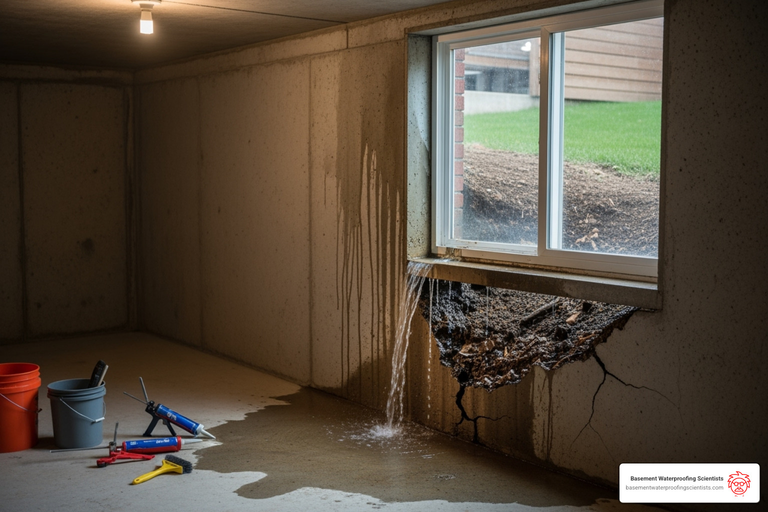 A close-up shot of a hand expertly applying a bead of caulk around the exterior frame of a basement window, demonstrating a key step in DIY basement window leak repair. - Basement window leak repair