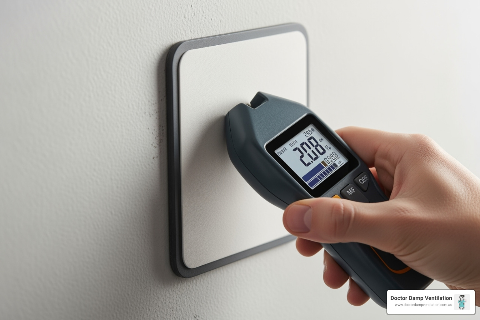 person using pinless moisture meter - moisture in walls