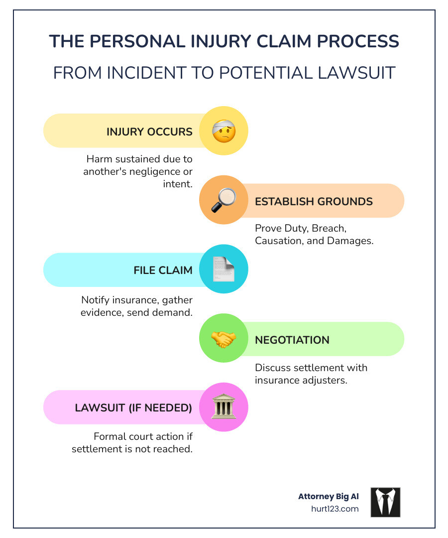 Comprehensive infographic showing the progression from injury incident to claim filing to potential lawsuit, including key elements like duty of care, breach, causation, and damages, with Florida-specific statute of limitations and common claim types - What is personal injury claim infographic infographic-line-5-steps-colors Comprehensive infographic showing the progression from injury incident to claim filing to potential lawsuit, including key elements like duty of care, breach, causation, and damages, with Florida-specific statute of limitations and common claim types - What is personal injury claim infographic infographic-line-5-steps-colors