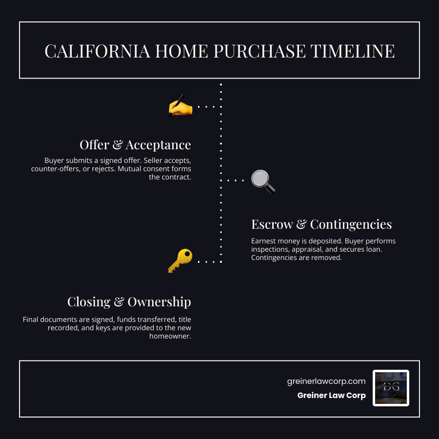 infographic explaining the timeline of a California home purchase from offer to closing - california real estate law and buyers purchase agreement infographic infographic-line-3-steps-dark
