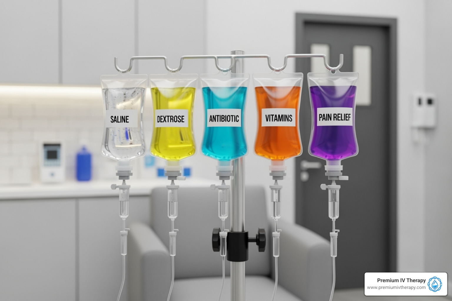 various colorful IV drip bags hanging on a stand - iv clinics