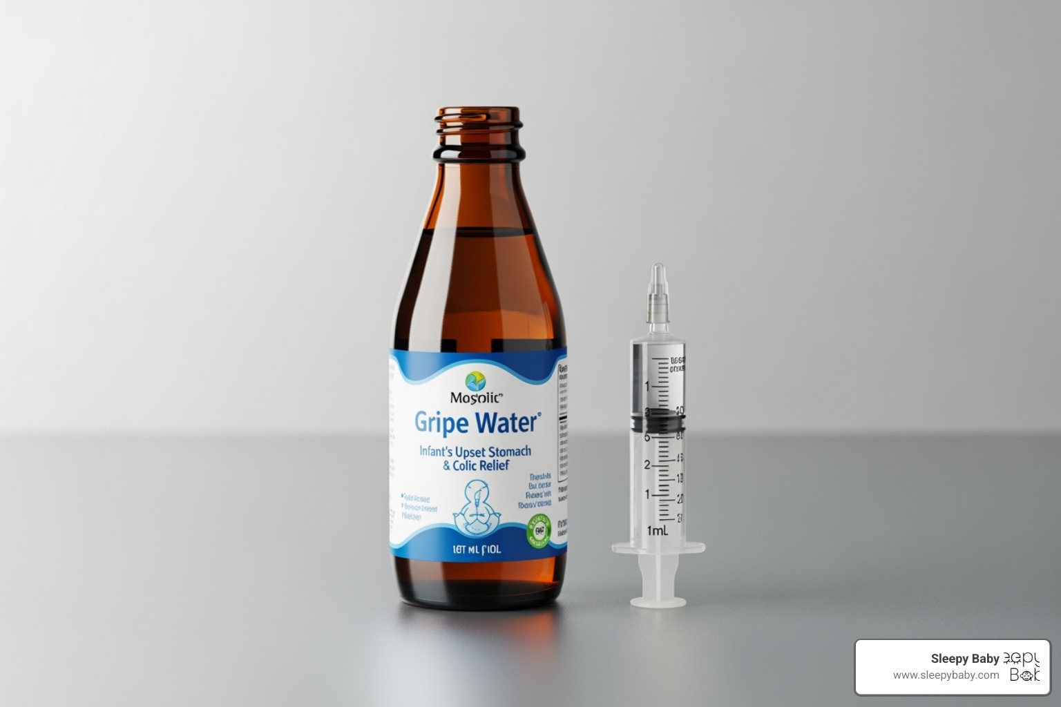 A bottle of gripe water with a syringe dispenser next to it, ready for use - how to give gripe water