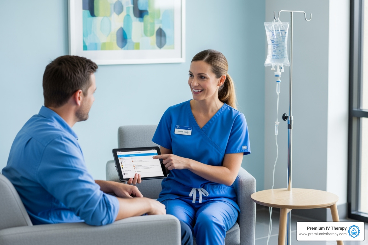 A friendly, uniformed nurse consulting with a patient before an IV session - iv clinics