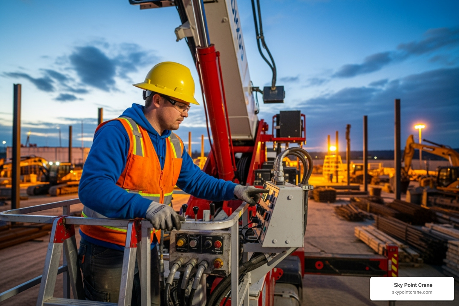 of an operator performing a pre-lift safety check on a boom truck - rent a boom truck for a day