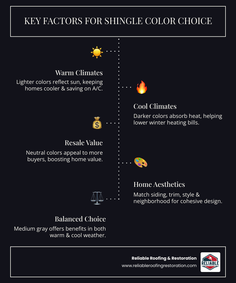 infographic describing best shingle colors for different climates and purposes - what shingle color is best for a roof infographic infographic-line-5-steps-dark