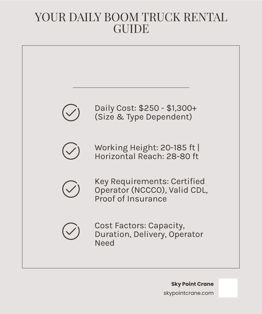 Infographic detailing types of boom trucks, their typical working heights and reaches, average daily rental costs, and essential rental requirements like operator certification and insurance - rent a boom truck for a day infographic checklist-light-beige
