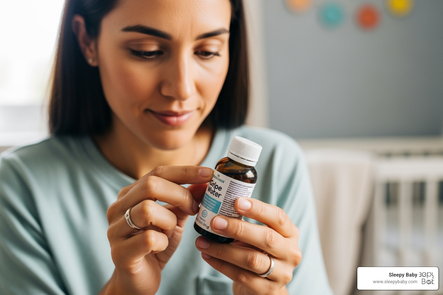 A parent carefully reading the ingredients and warning labels on a gripe water bottle - how to give gripe water