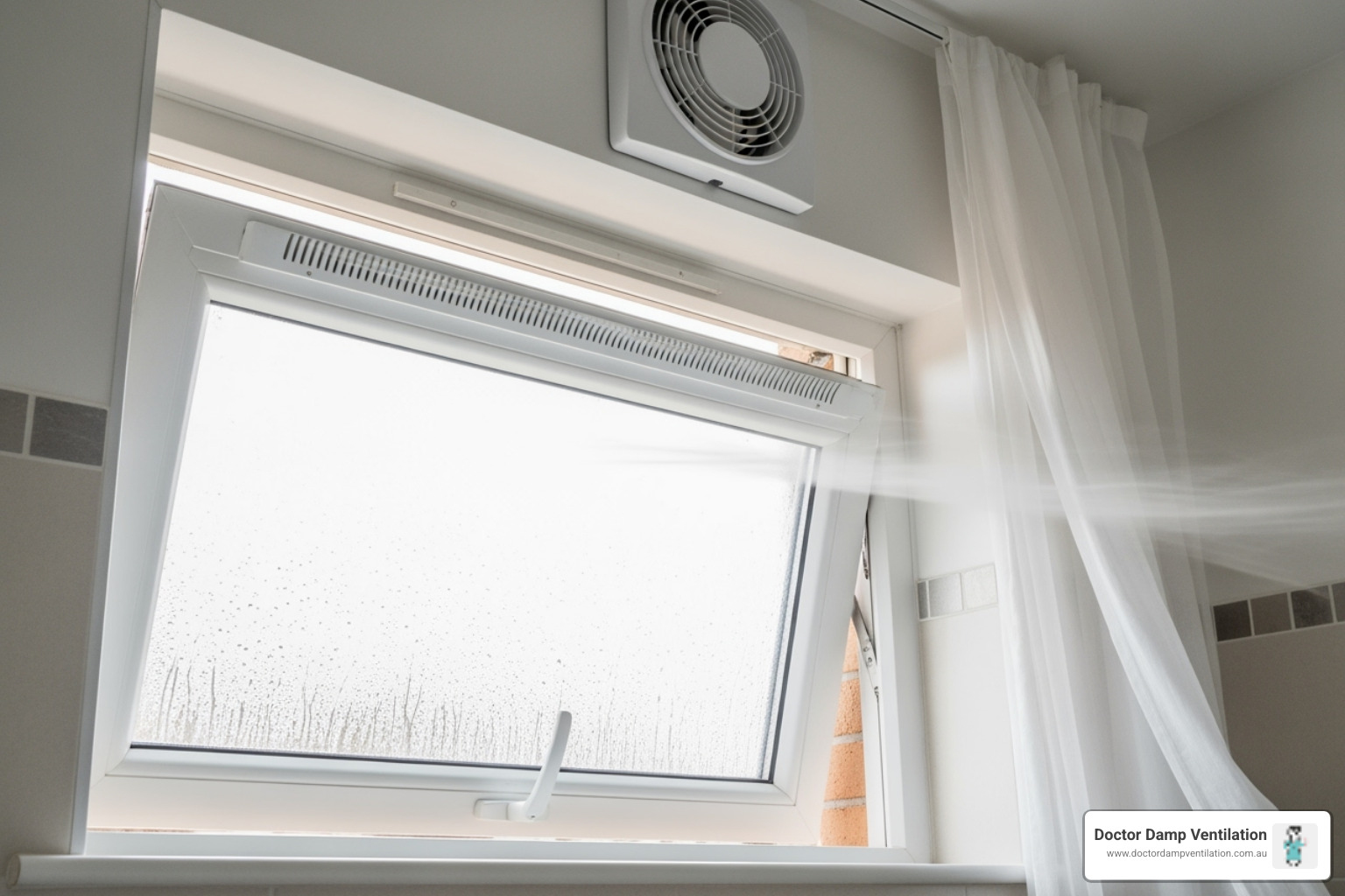 Image of an open window with a trickle vent and a bathroom extractor fan running, illustrating effective home ventilation methods. - damp problem solution