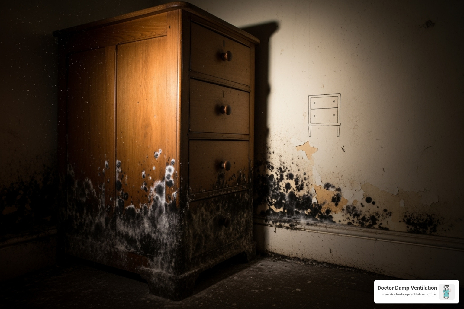 Image of black mould growing behind a piece of furniture, highlighting the hidden nature of mould growth and its potential health impacts. - damp problem solution