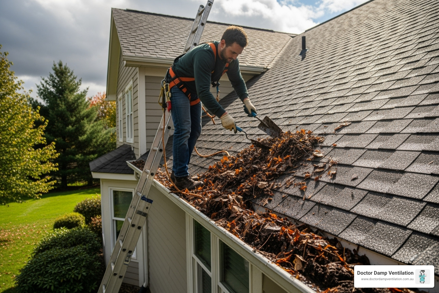 Image of a person cleaning a gutter, demonstrating the importance of exterior maintenance in preventing damp issues. - damp problem solution