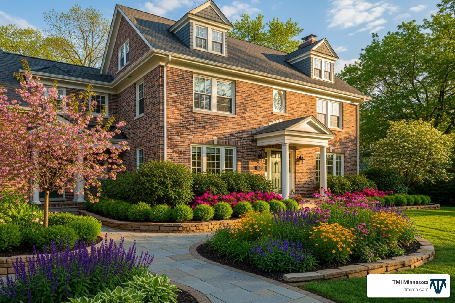 a beautifully landscaped brick home with layered garden beds and a stone walkway - brick home exterior makeover a beautifully landscaped brick home with layered garden beds and a stone walkway - brick home exterior makeover